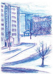 Winter city landscape painted with blue pen and wax crayon. Freehand sketch. Winter quick training plein air.