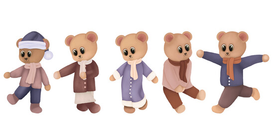 Watercolor winter teddy bears collection. Watercolor winter  illustration isolated on transparent background.