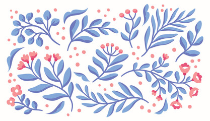 Fototapeta na wymiar Vector set of floral elements design. Modern illustration with leaves for template, logo, print design, social media.