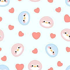 Seamless pattern of blue and pink penguin faces, flowers and dots on a blue background. Kawaii style. Characters design.