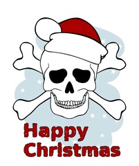 Christmas skull in Santa hat and crossed bones on white background