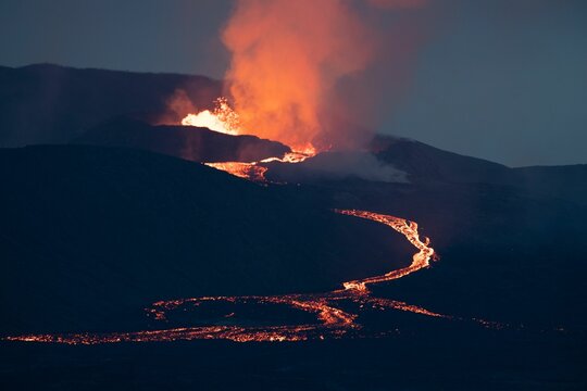 Aerial View Of The Lava Flow During The Fagradalsfjall Volcano Eruption In Iceland