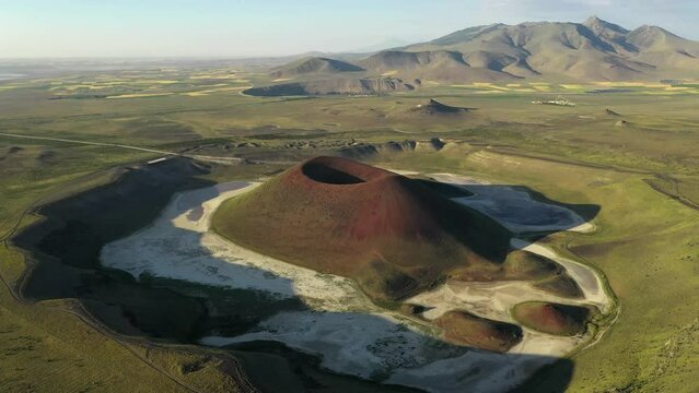Aerial view of Meke crater lake in Turkey. A dormant volcano landscape 