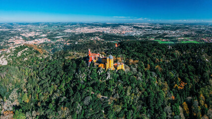 Aerial panoramic view of Pena Palace, a romanticist castle in the Sintra, Portugal