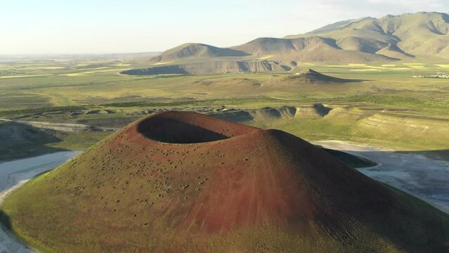 Aerial view of Meke crater lake in Turkey. A dormant volcano landscape 
