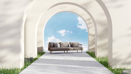 A contemporary sofa in a beautiful garden above the clouds.