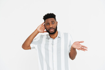 Fototapeta premium Black surprise man wearing shirt listening and gesturing