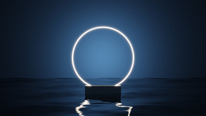 Round Illuminated 3D Podium Over Water, Studio Scene Image suitable for displaying text and products on a blue background water surface.