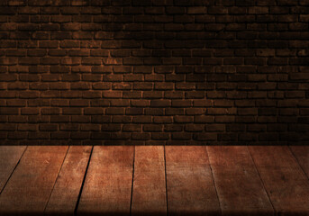 wood table brick wallpaper dark black grunge texture background for backdrop poster design
