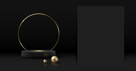 Podium with Golden Ring Frame and Pearls on Black Background. Horizontal Banner for Black Friday Sale. Vector Illustration.