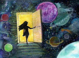 The girl opens the door to the universe.Watercolor drawing