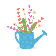 Cute garden watering can with red flowers. Blue