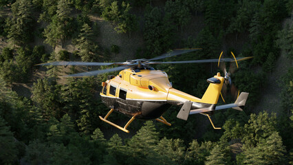 Helicopter Flying Over The Forest

Helicopter in yellow black colors flying through forested mountains 