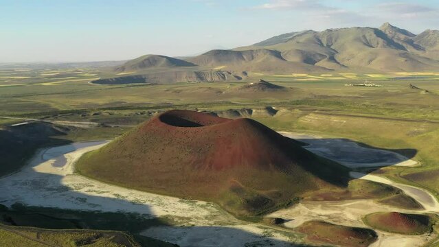 Aerial view of Meke crater lake in Turkey. A dormant volcano landscape 