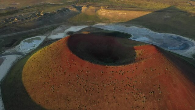 Aerial view of Meke crater lake in Turkey. A dormant volcano landscape 