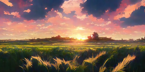 grasland zonsondergang aquarel landschap achtergrond