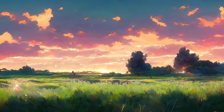 grassland sunset watercolor landscape background
