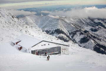 Fototapeta na wymiar cafe restaurant at ski resort on the top of chopok mountain