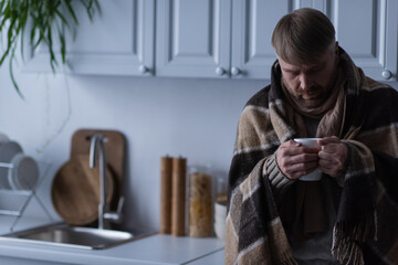 depressed and frozen man under warm blanket holding cup of hot tea in kitchen.