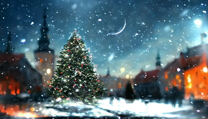 Fototapeta na wymiar Christmas holiday tree on evening medieval town big moon on blue sky and snow flakes holiday city 
