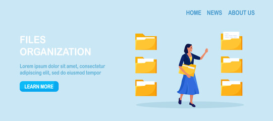 Woman search document in catalog, content in folder. Organizing files and documents in database. Electronic file organization service. Data archive storage and indexing of information