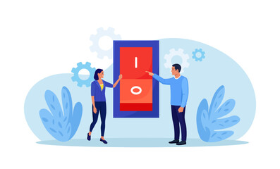 People turn on toggle switch. Electric control. Environmental protection, ecology. Saving energy, turning off lights and electrical devices