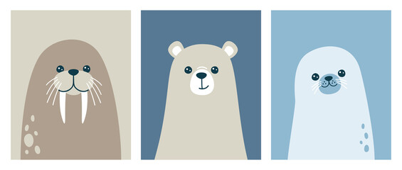 Vector illustration of cute portraits of polar bear, walrus and seal - 545164937