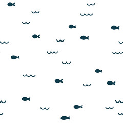 Vector seamless pattern with hand drawn waves and fish. Abstract background - 545165114