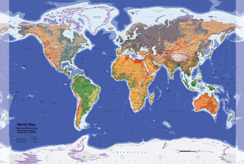 Pastel colors Large World Map in Gall Stereographic projection