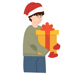 Man holding Christmas gift. Young happy man in santa hat holding a yellow gift box. 