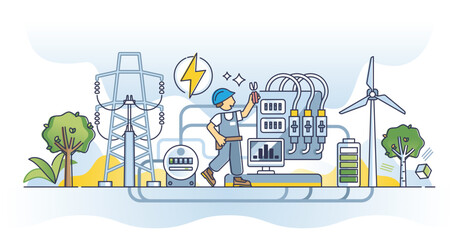 Electrical engineer occupation for electricity maintenance or voltage power line problem solving outline concept. Technician knowledge and education about electrical facilities vector illustration.