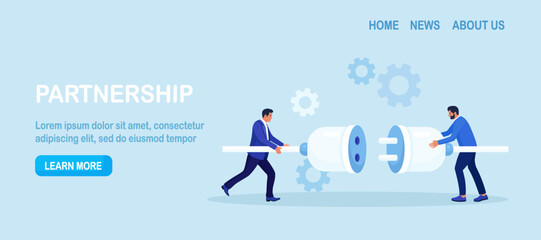 Business people connecting huge plug and outlet. Business strategy and connection, partnership. Cooperation, interaction. Businessman looking for new partners. Collaboration teamwork. Brainstorming