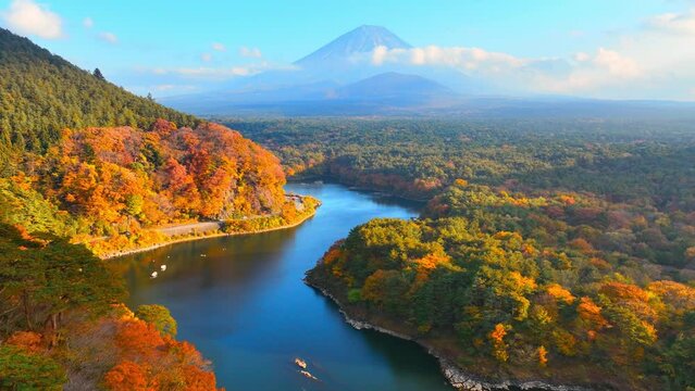 scenic autumn landscape with a river and colourful autumn forest, Japanese autumn near mountain Fuji, beautiful Japanese nature