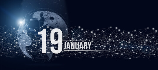 January 19th. Day 19 of month, Calendar date. Calendar day hologram of the planet earth in blue gradient style. Global futuristic communication network. Winter month, day of the year concept.
