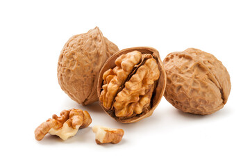 walnuts peeled with kernels on white background.