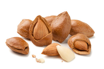 set of almond nuts with shell on white background.