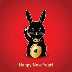 Rabbit in the style of a "lucky cat" with a coin that brings good luck - a symbol of 2023 of the Black Rabbit.
Vector illustration