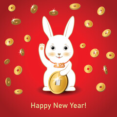 Rabbit in the style of a "lucky cat" with a coin that brings good luck - a symbol of 2023 year.
Vector illustration