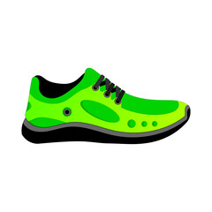 Running green shoes isolated on white background. Bright Sport sneakers symbol. Vector illustration.