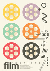 Fototapeta na wymiar Movie festival poster template with colorful film reels. Cinema event advertisement. Vector flyer design for film festival.