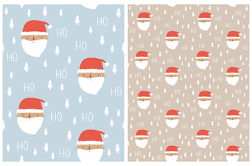 Cute Winter Holidays Vector Seamless Pattern with Happy Santa Claus on a Pastel Blue and Beige Background. Hand Drawn Christmas Print with Funny Santa in a Red Woolen Hat and Handwritten 