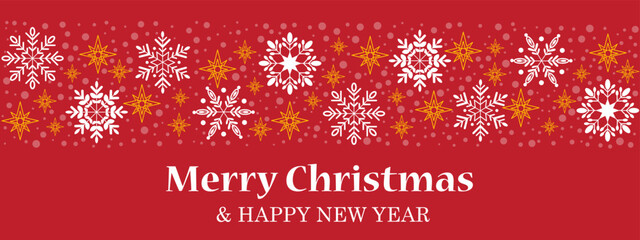 Merry Christmas and Happy New Year horizontal red banner with snowflakes and stars