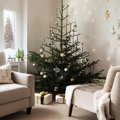 christmas tree in light aesthetical room for lifestyle  background