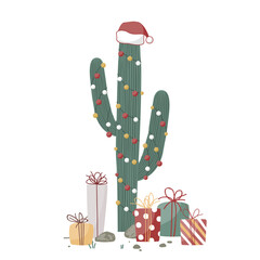 Xmas gift boxes and big cactus decorated with garland and Santa hat. Vector illustration isolated on white. Flat cartoon clipart for cards, posters, prints © Toltemara
