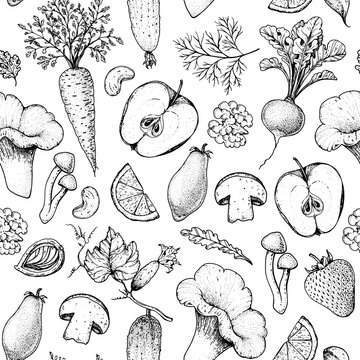 Vegan food seamless pattern. Hand drawn vector illustration. Menu design template. Vegan food sketch. Product design. Great for packaging, recipe book, menu. Vegetarian food sketch.