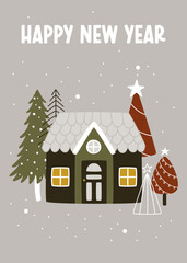 Christmas card with a house and Christmas trees to celebrate the winter New Year holidays. Vector illustration with cute hand-drawn street decor for greeting card.