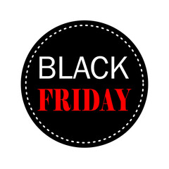 Illustration. Black friday. The inscription is white and red on the background of a black circle. For printing advertising materials, announcements, posters, signs. Content  sale, discounter.