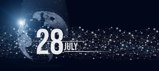 Fototapeta premium July 28th. Day 28 of month, Calendar date. Calendar day hologram of the planet earth in blue gradient style. Global futuristic communication network. Summer month, day of the year concept.