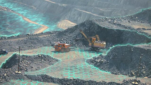 Visualization of a modern quarry. A mining dump truck drives on a road in a deep iron ore quarry. Iron ore mining.