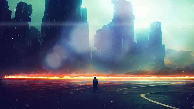 4k animation of a Cybermonk living in a cyberpunk futuristic city concept